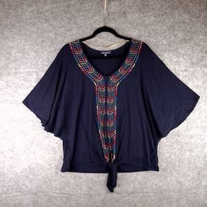 Democracy Top Womens L Blue Embroidered Tie Front Boho Dolman Sleeve Colorful